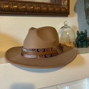 Brown Fedora Hat with Patterned Band and Hoop